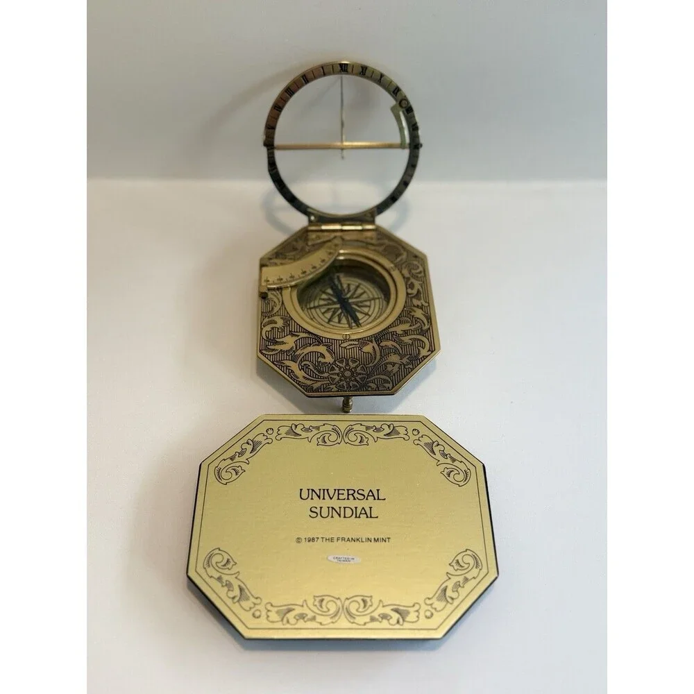 Vintage Franklin Mint Universal Sundial 1987 Brass Compass on Wood Base